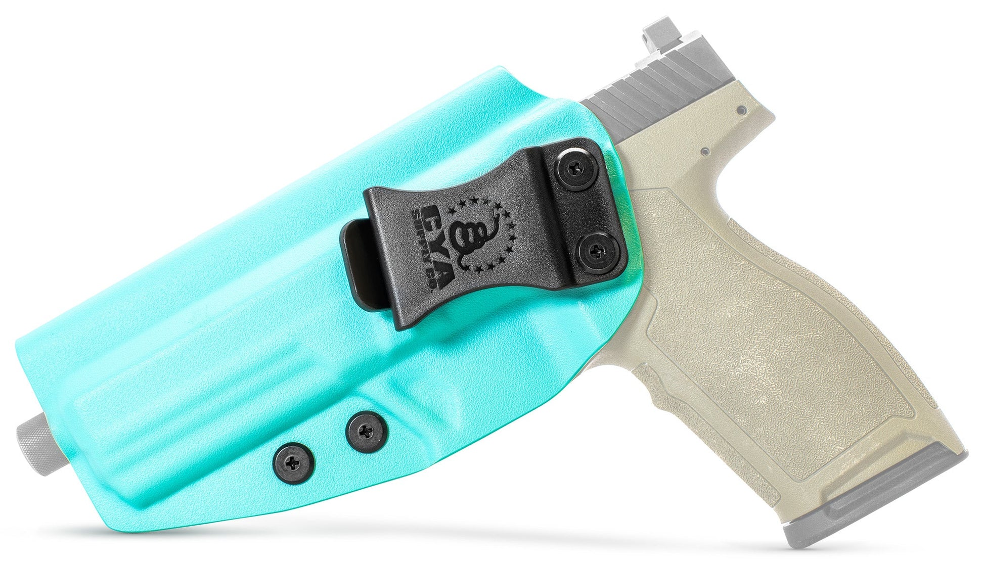 CYA teal blue Base IWB holster with a black clip on a olive green psa 57 rock handgun