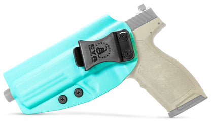 CYA teal blue Base IWB holster with a black clip on a olive green psa 57 rock handgun