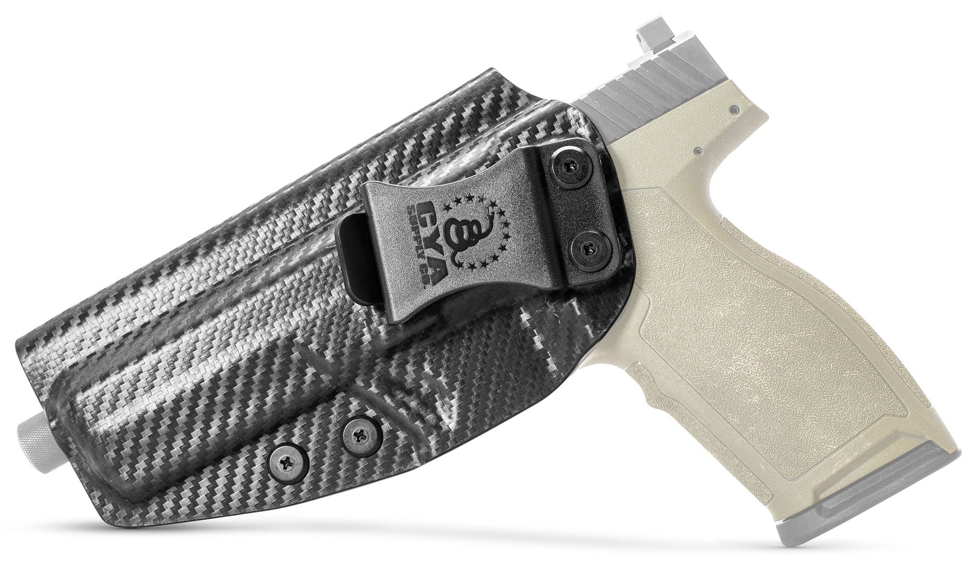 CYA carbon steel Base IWB holster with a black clip on a olive green psa 57 rock handgun