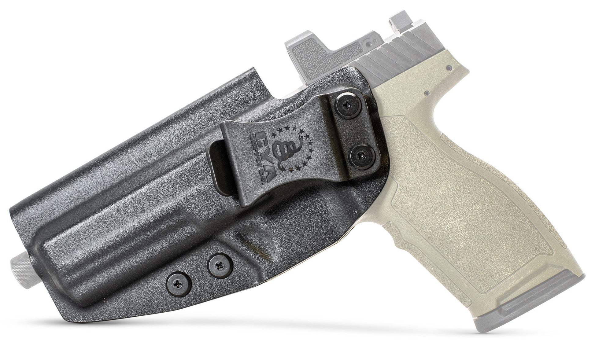CYA black Base IWB holster with a black clip on a olive green psa 57 rock handgun