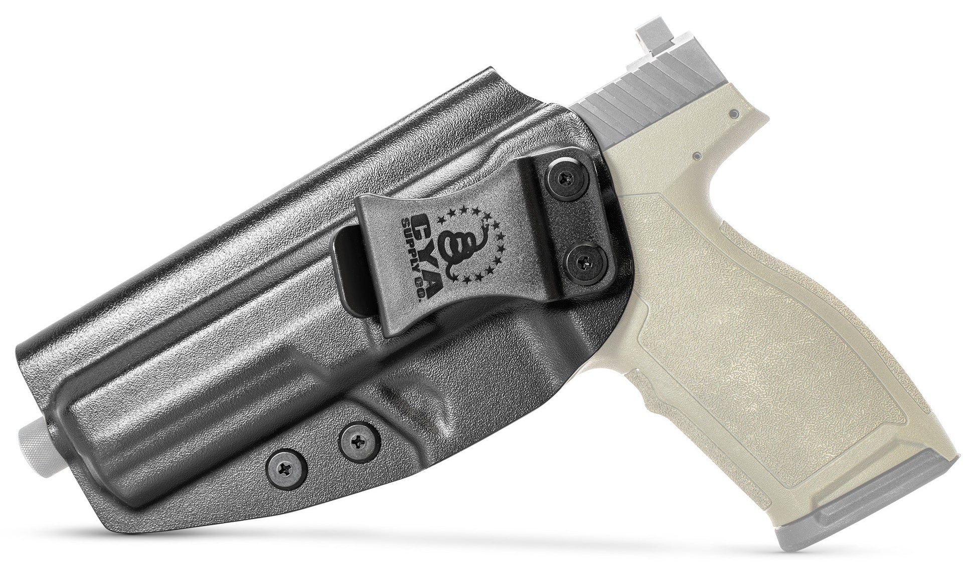CYA black Base IWB holster with a black clip on a olive green psa 57 rock handgun