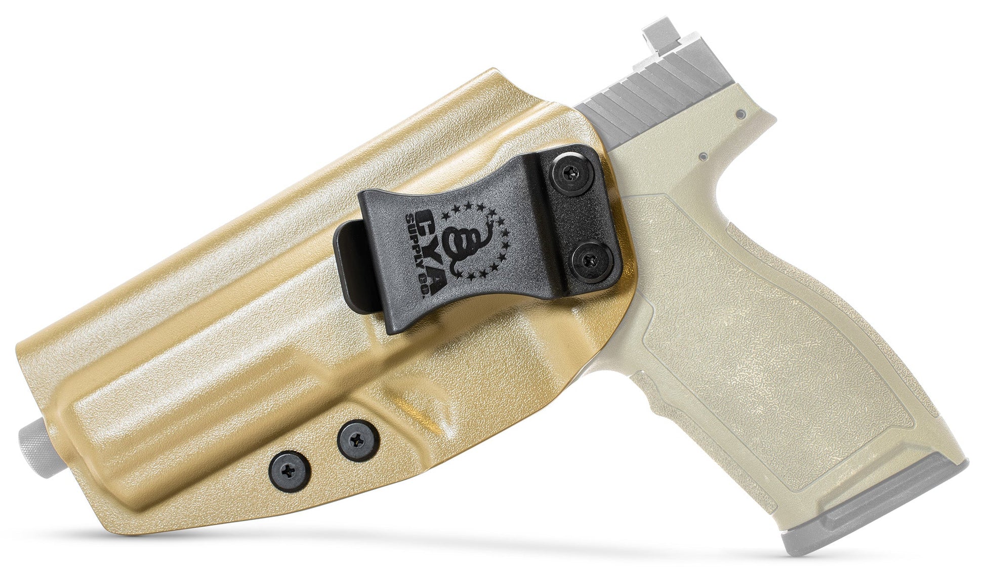 CYA flat dark earth Base IWB holster with a black clip on a olive green psa 57 rock handgun