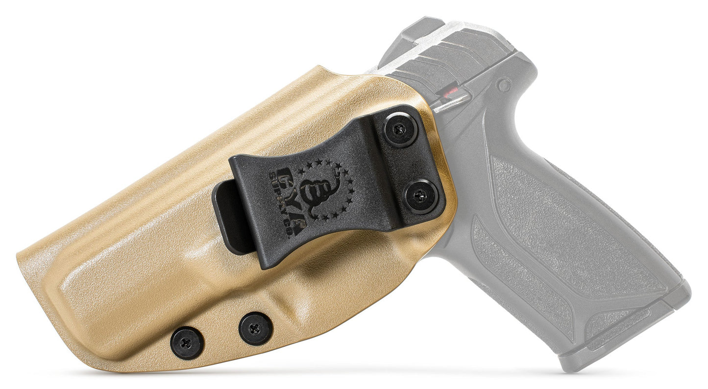 CYA PATH IWB Holster in flat dark earth with a black clip on a black ruger security 9 standard handgun