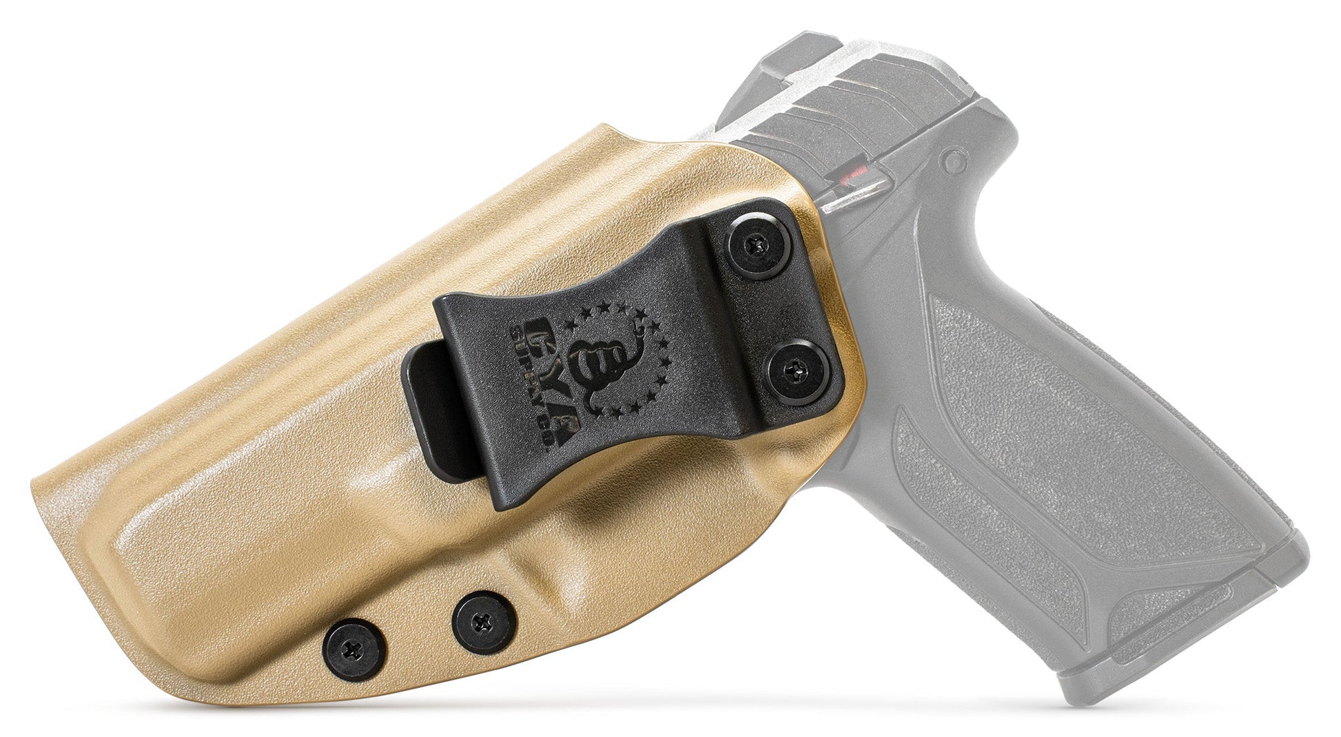 CYA PATH IWB Holster in flat dark earth with a black clip on a black ruger security 9 standard handgun