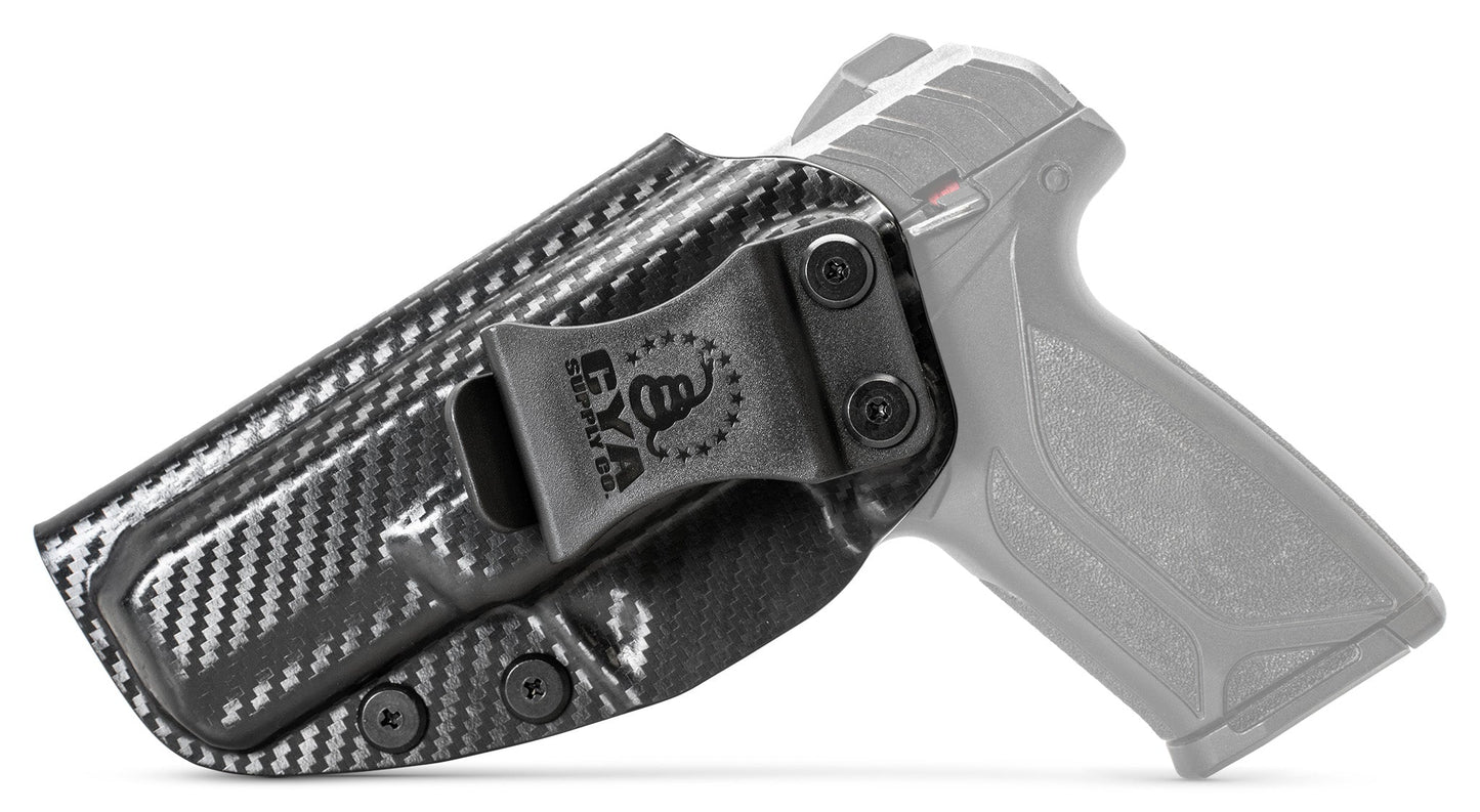 CYA PATH IWB Holster in carbon steel with a black clip on a black ruger security 9 standard handgun