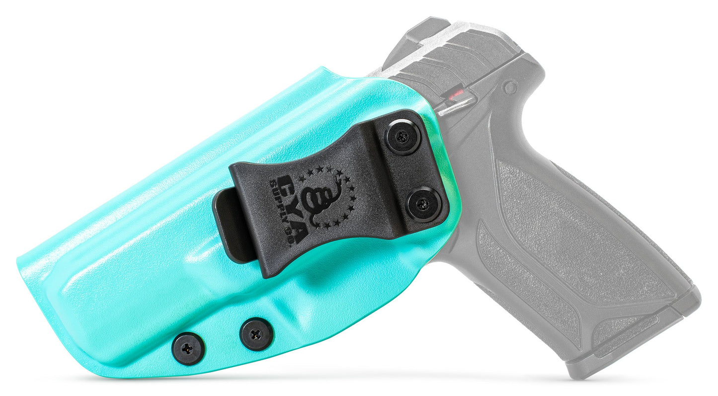 CYA PATH IWB Holster in teal blue with a black clip on a black ruger security 9 standard handgun