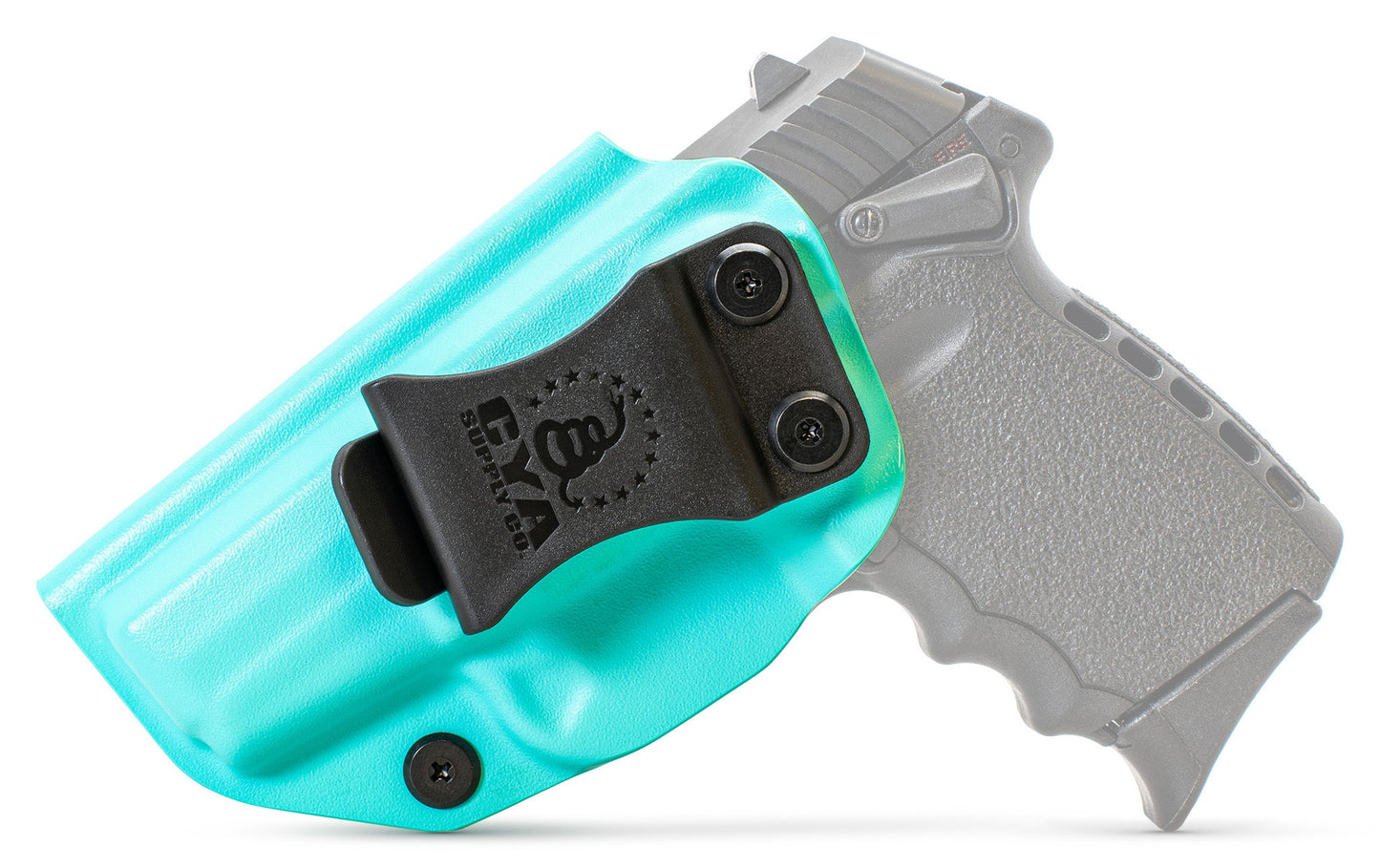 CYA XCarry Holster in teal blue with a black clip on a black SCCY SPX 1 handgun