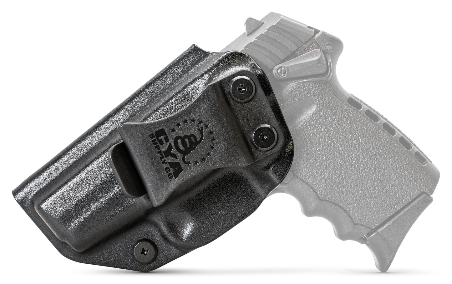 CYA Holster in black with a black clip on a black SCCY CPX 1 handgun