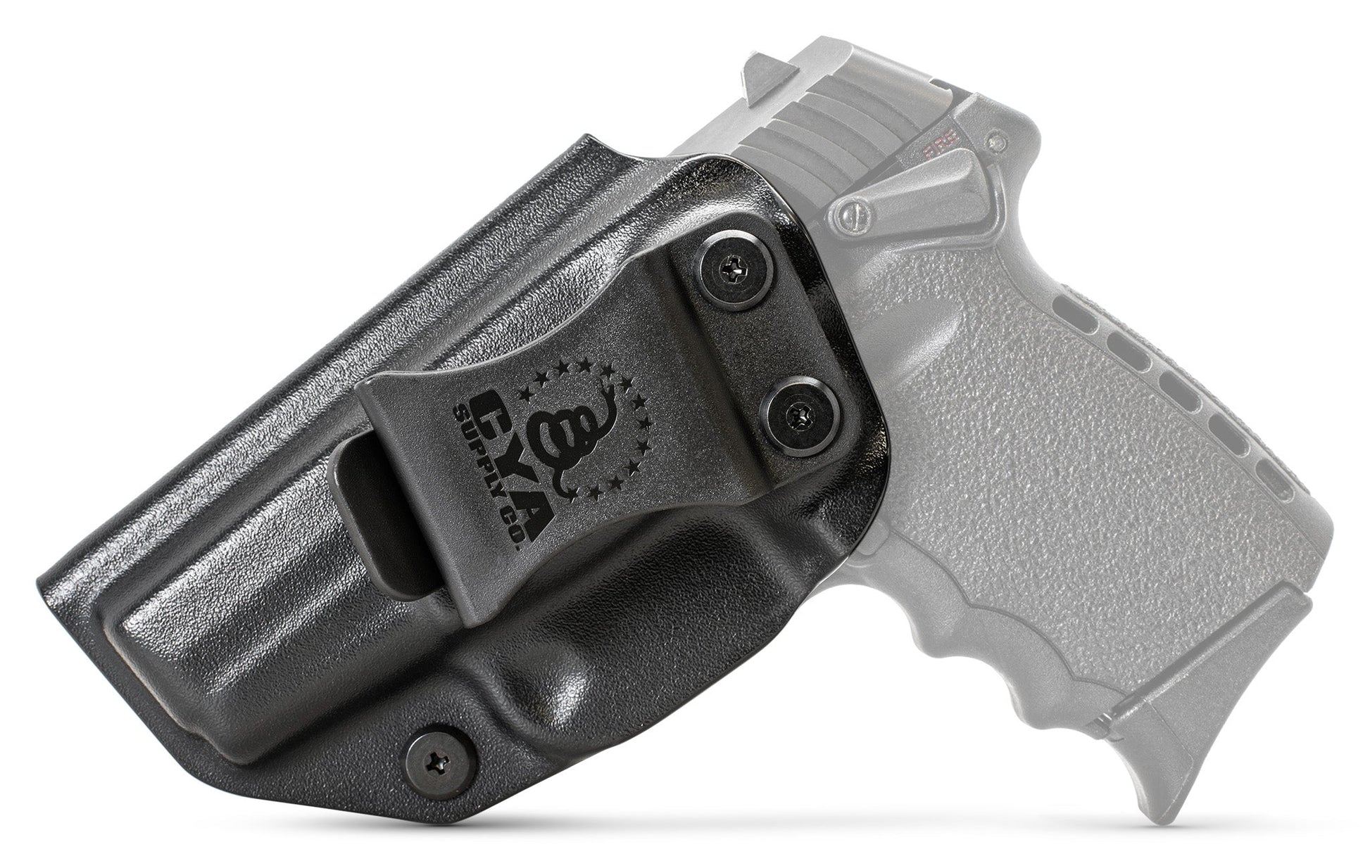 CYA Holster in black with a black clip on a black SCCY CPX 1 handgun