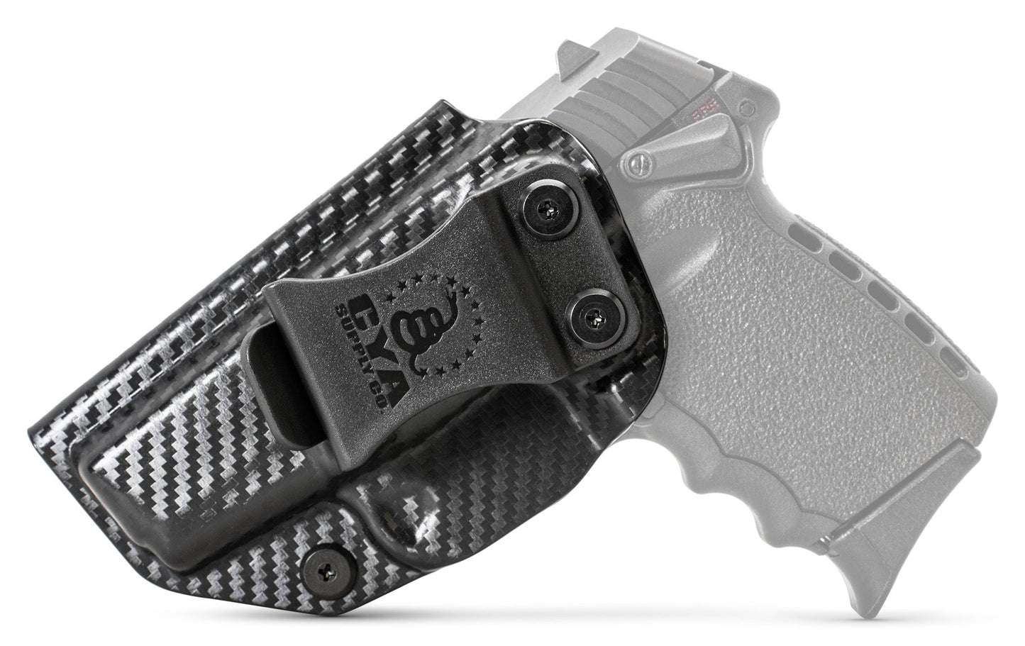 CYA XCarry Holster in carbon steel with a black clip on a black SCCY SPX 1 handgun