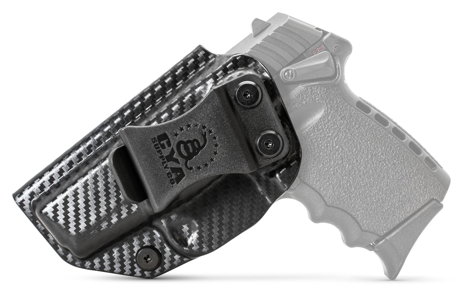 CYA XCarry Holster in carbon steel with a black clip on a black SCCY SPX 1 handgun