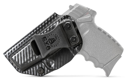 CYA XCarry Holster in carbon steel with a black clip on a black SCCY SPX 1 handgun