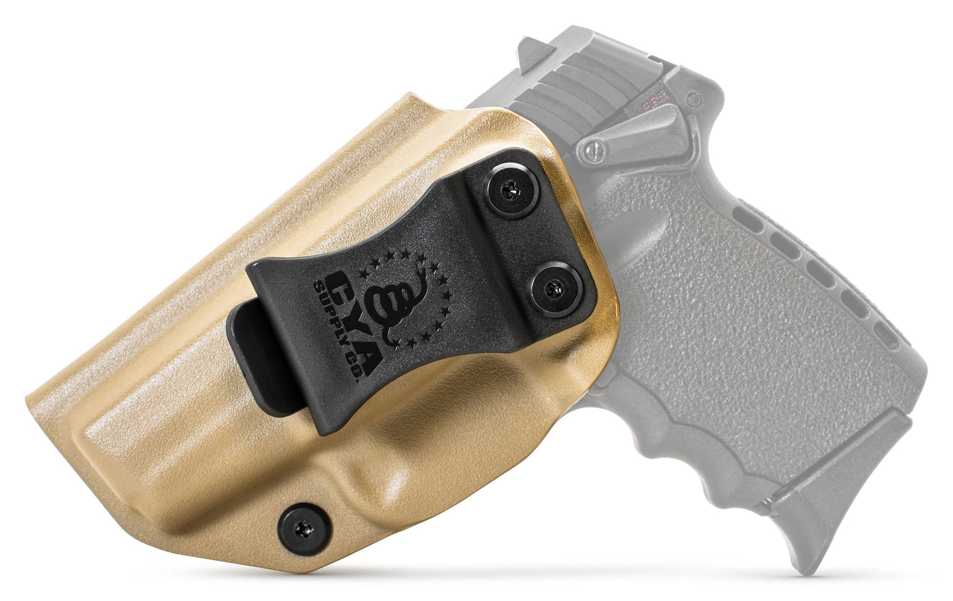 CYA XCarry Holster in flat dark earth with a black clip on a black SCCY SPX 1 handgun
