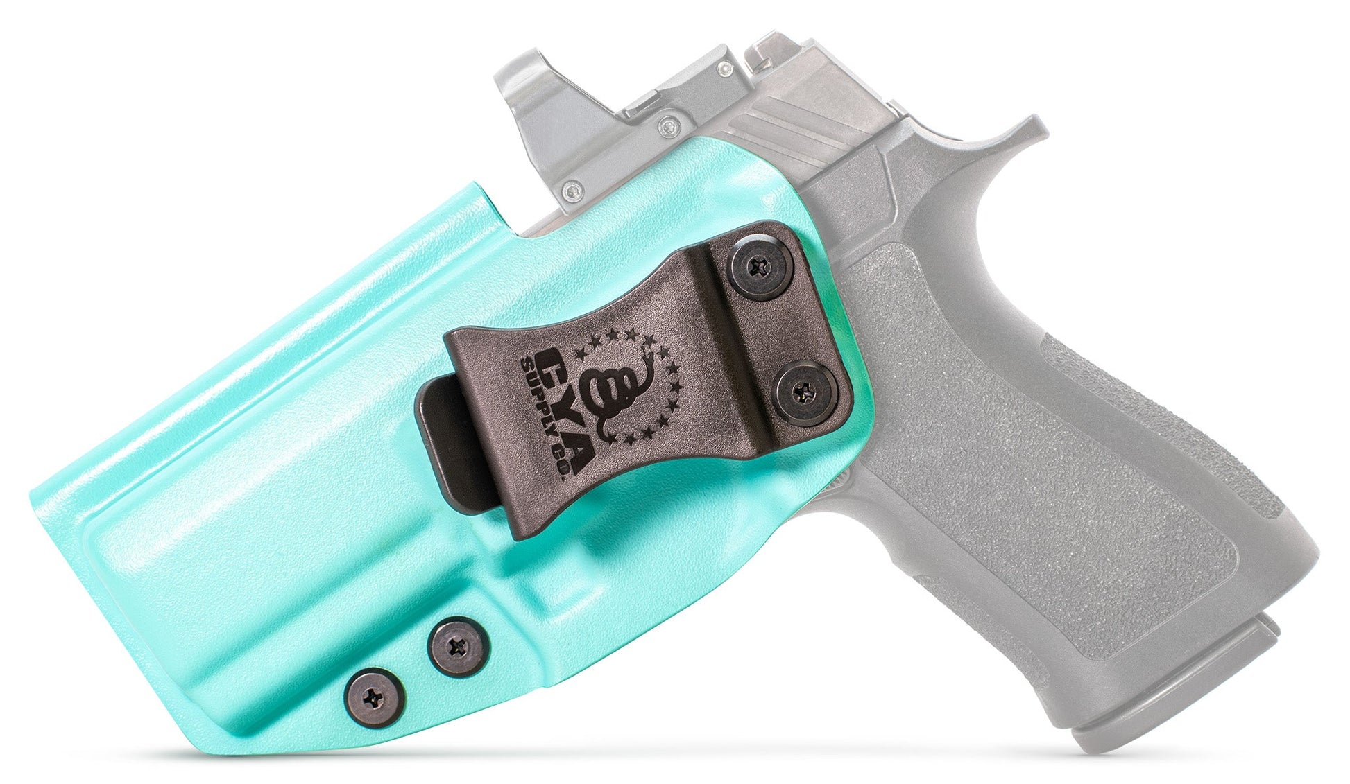 CYA XCarry Holster in teal blue with a black clip on a black Sig Sauer P320