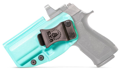 CYA XCarry Holster in teal blue with a black clip on a black Sig Sauer P320