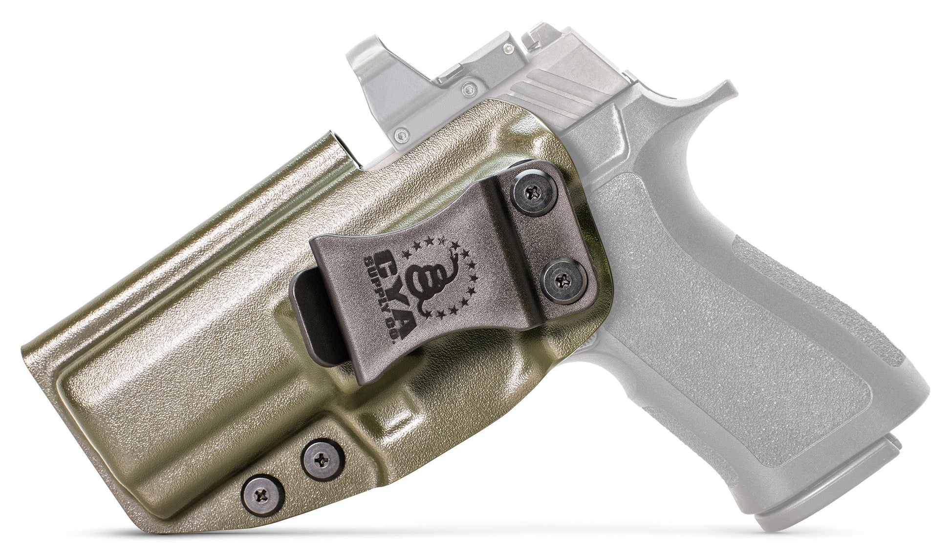 CYA XCarry Holster in od green with a black clip on a black Sig Sauer P320