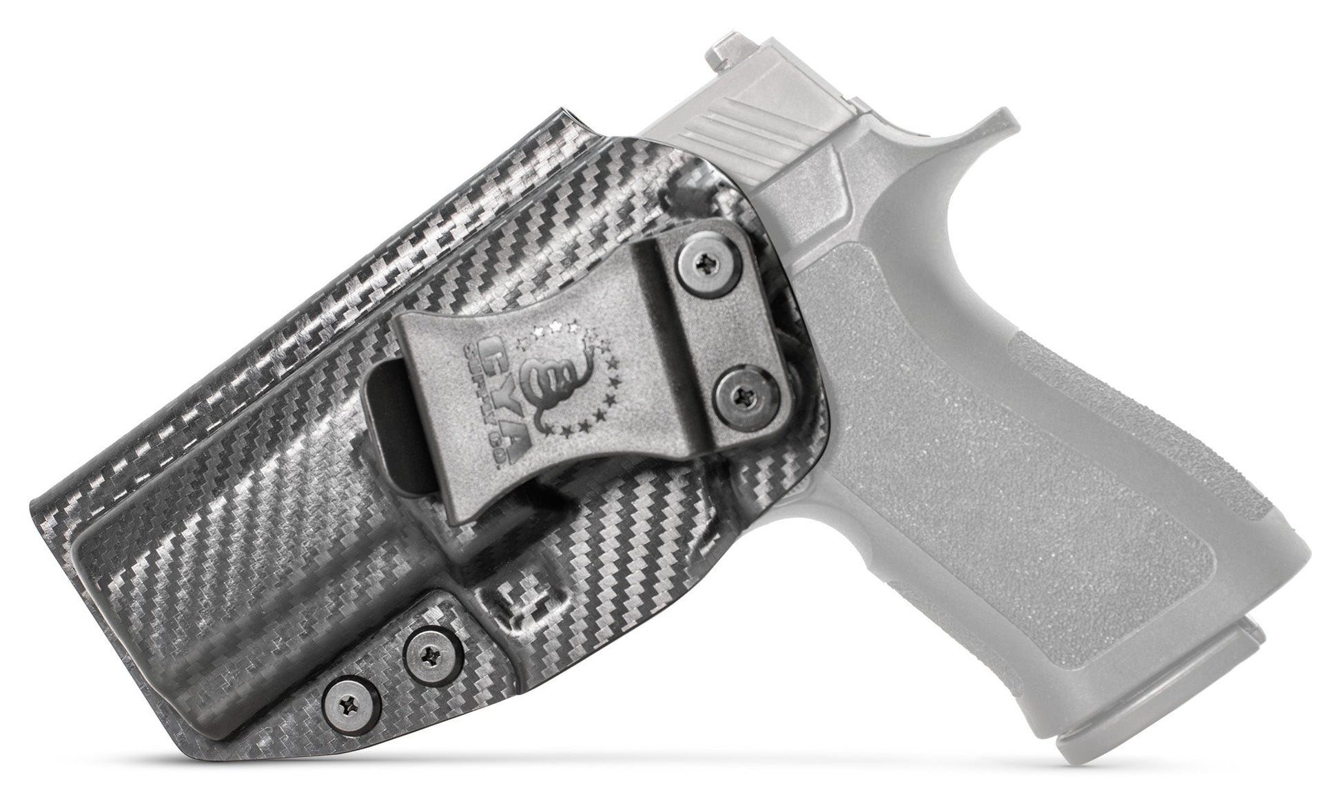 CYA XCarry Holster in carbon steel with a black clip on a black Sig Sauer P320 handgun
