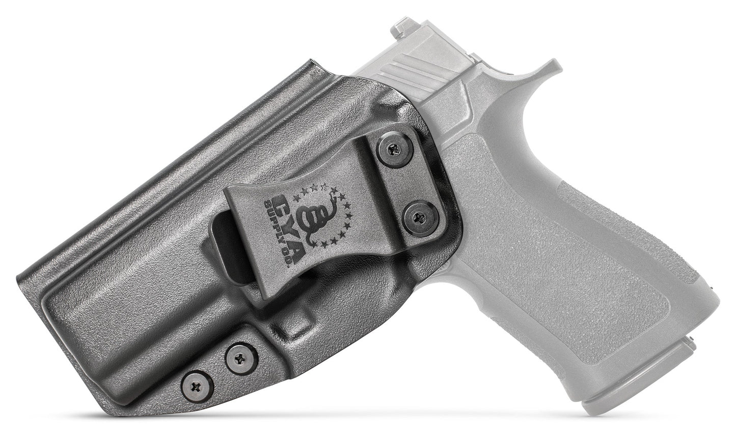 CYA XCarry Holster in black with a black clip on a black Sig Sauer P320 handgun