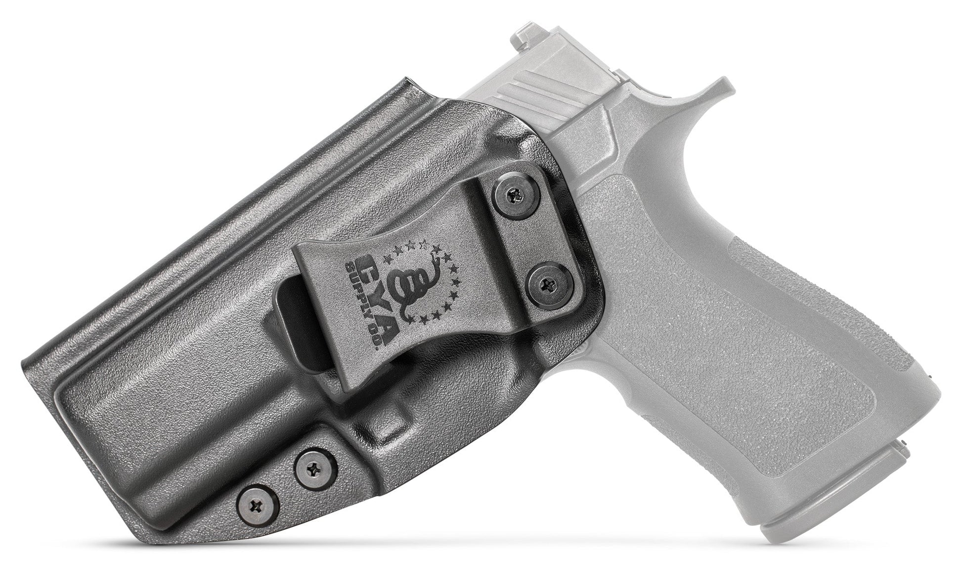 CYA XCarry Holster in black with a black clip on a black Sig Sauer P320 handgun