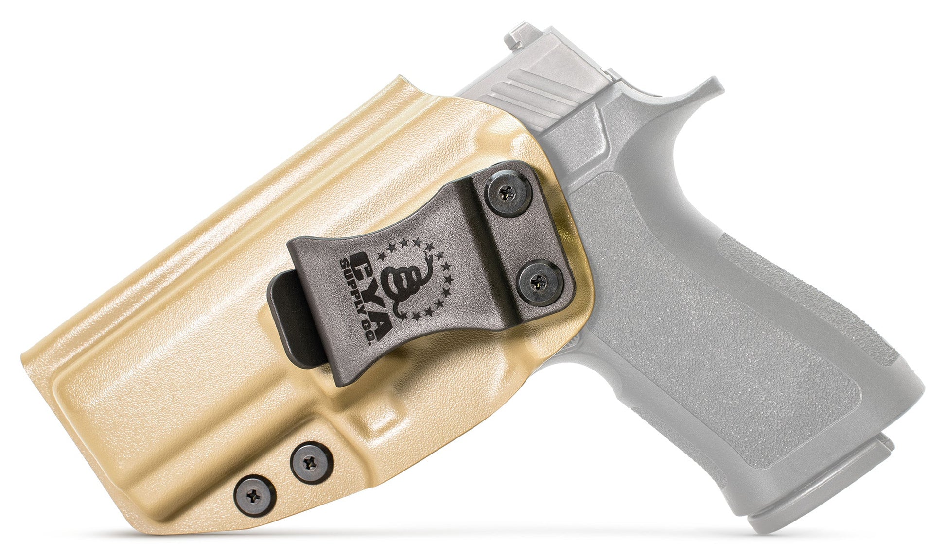 CYA XCarry Holster in flat dark earth with a black clip on a black Sig Sauer P320 handgun