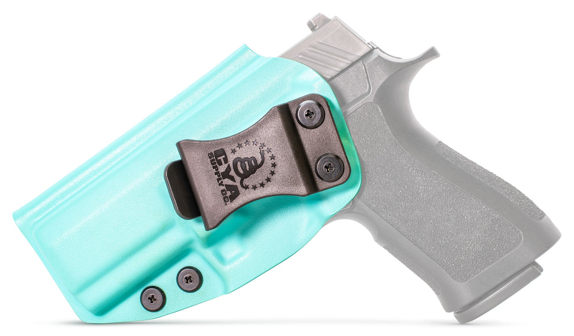 CYA XCarry Holster in teal blue with a black clip on a black Sig Sauer P320 handgun