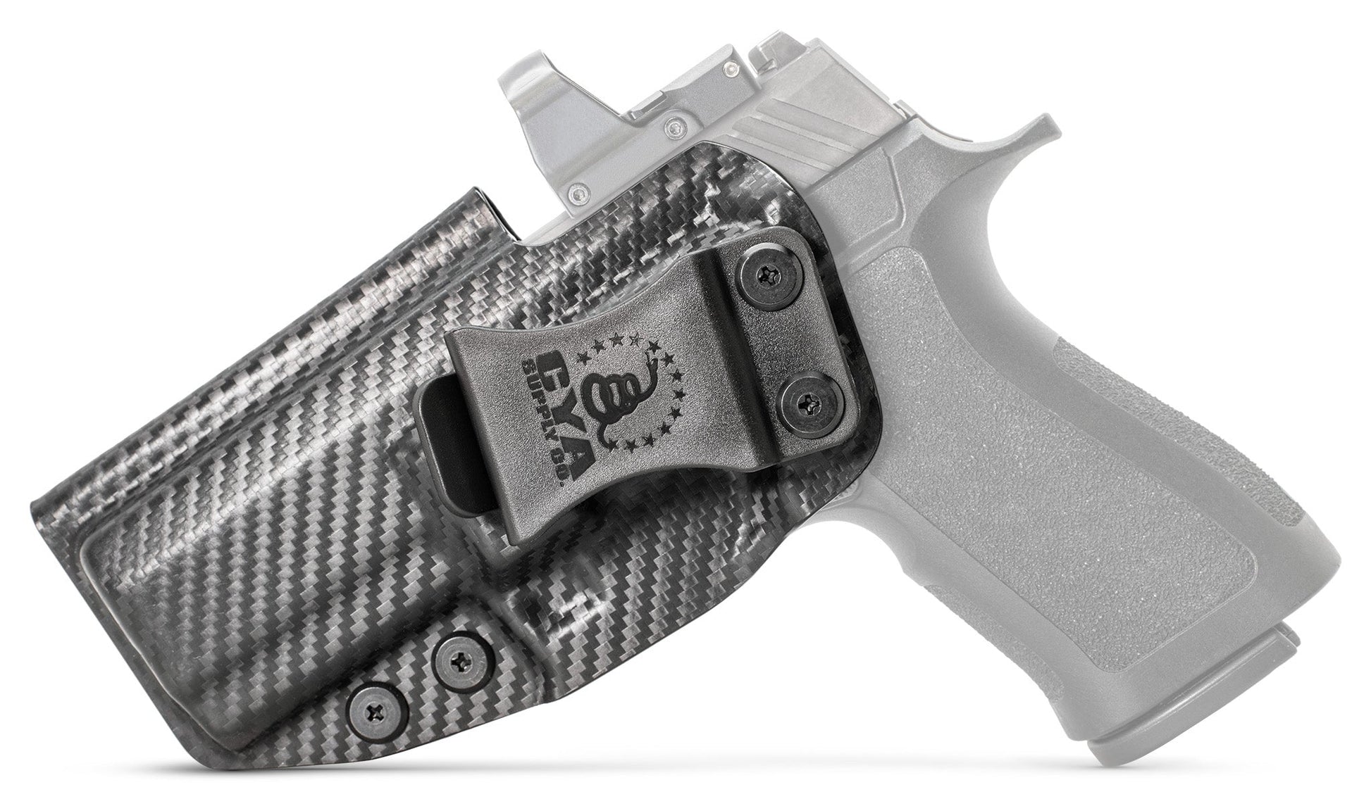 CYA XCarry Holster in carbon steel with a black clip on a black Sig Sauer P320