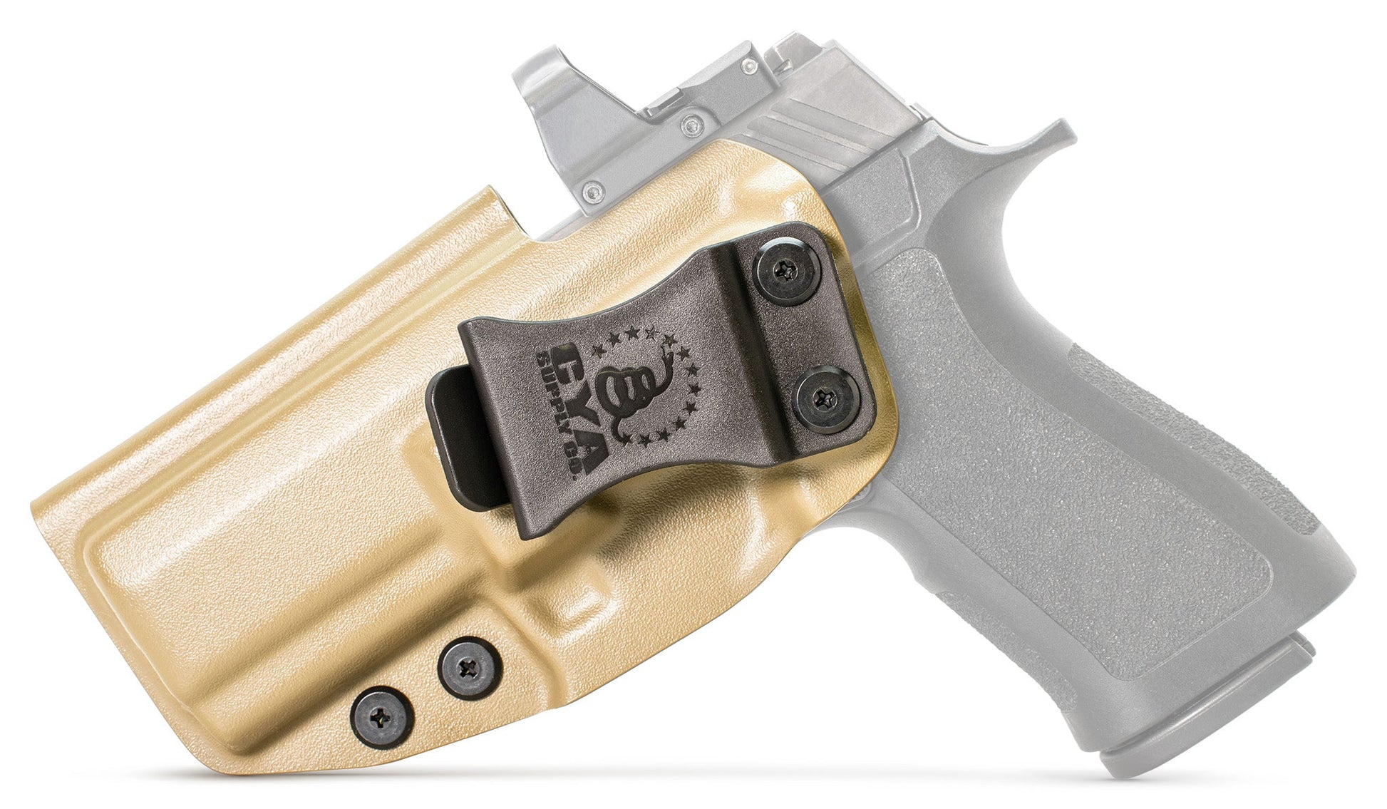 CYA XCarry Holster in flat dark earth with a black clip on a black Sig Sauer P320