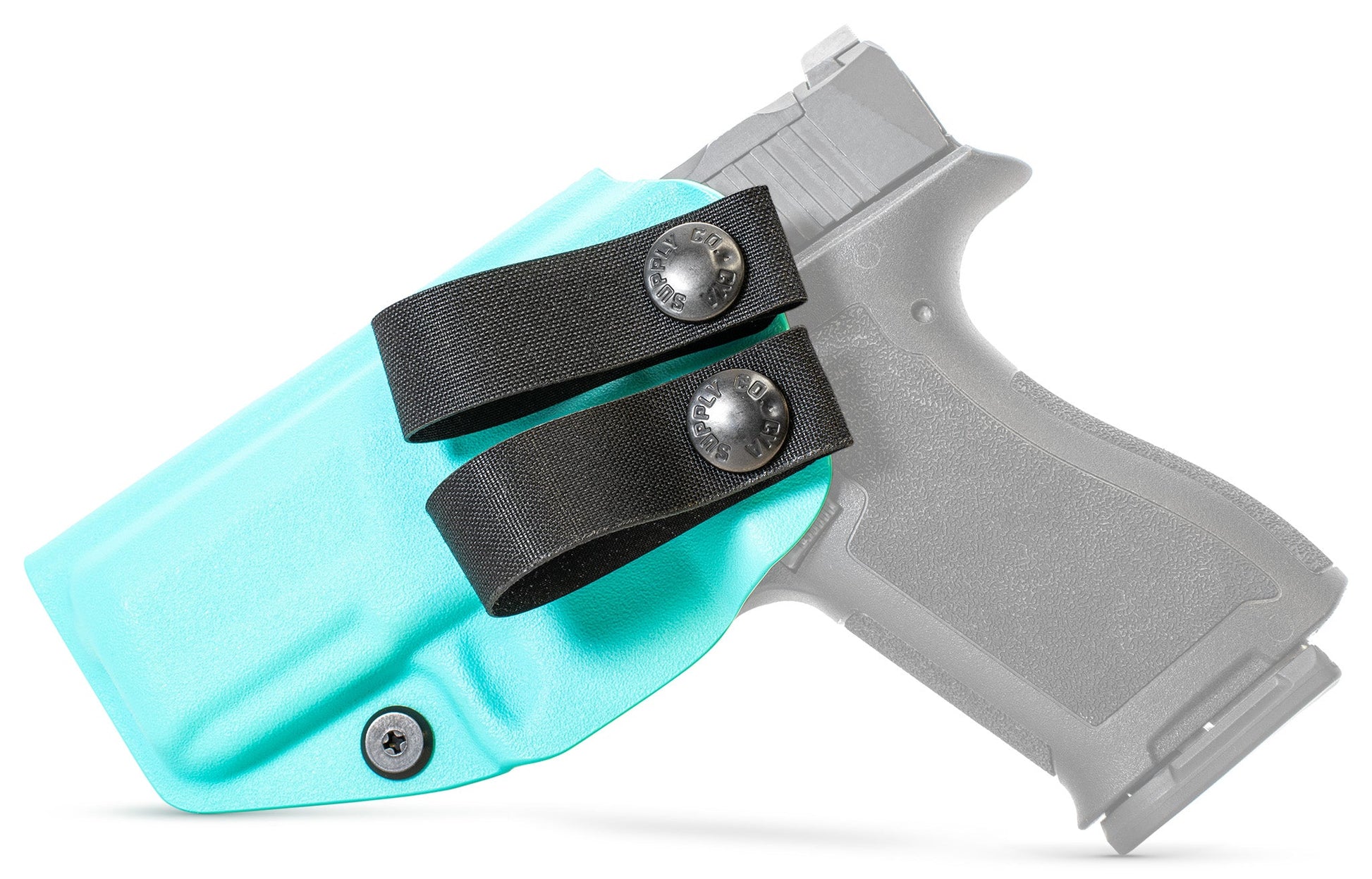 CYA black slim hoops on a teal blue holster on a black handgun