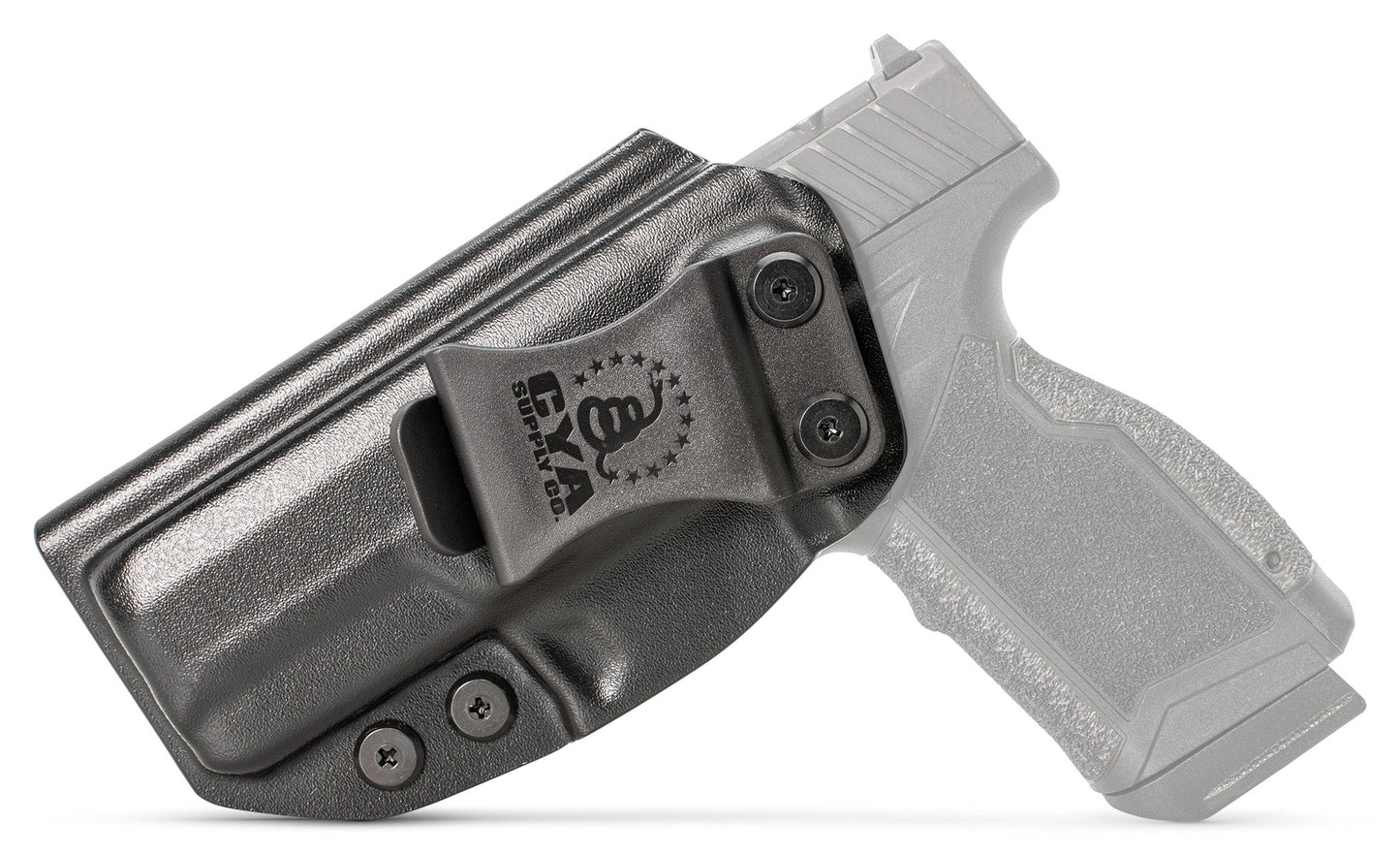 CYA Holster in flat dark earth with a black clip on a black Taurus GX4XL handgun