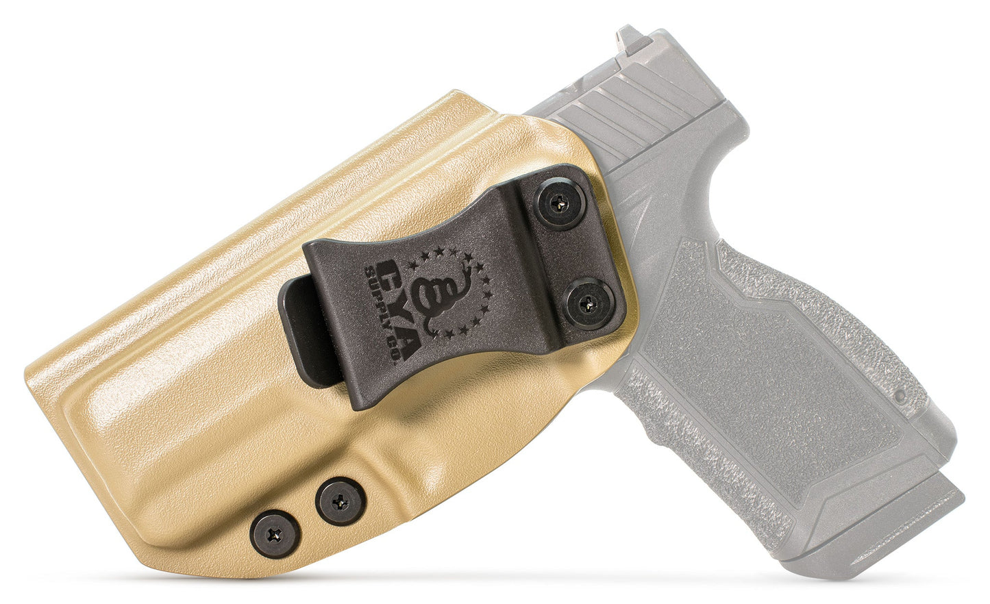 CYA Holster in flat dark earth with a black clip on a black Taurus GX4XL