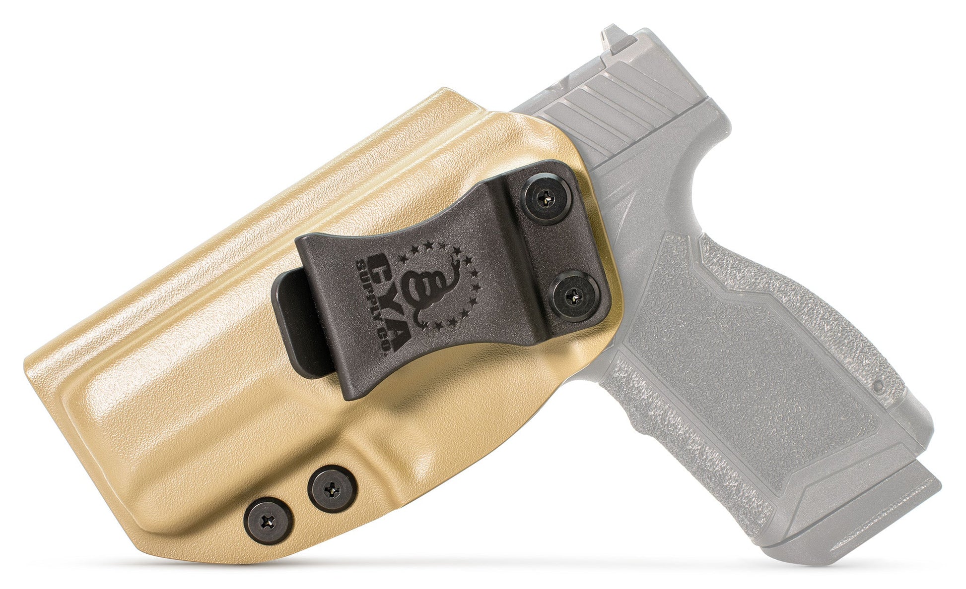 CYA Holster in flat dark earth with a black clip on a black Taurus GX4XL