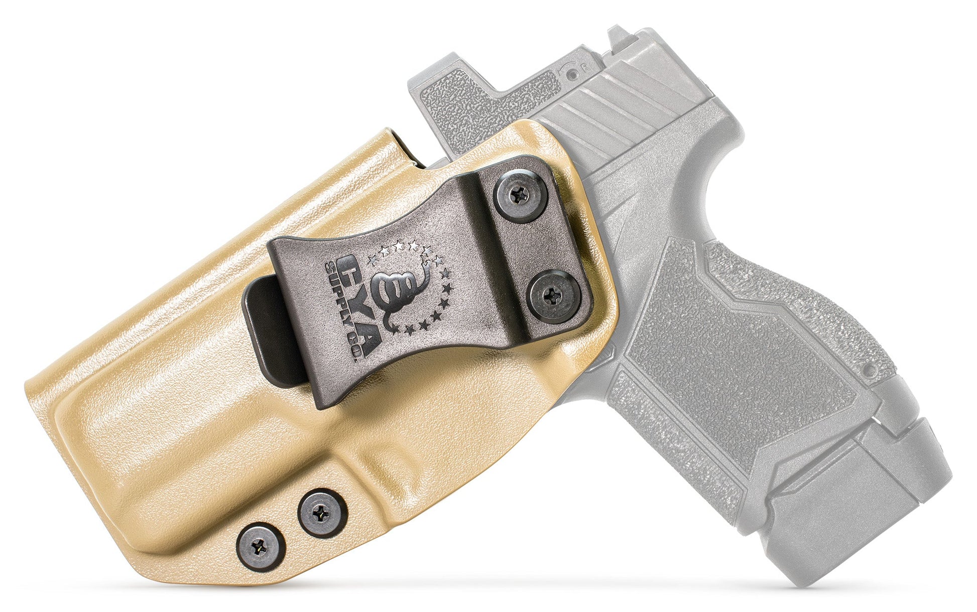 CYA Holster in flat dark earth with a black clip on a black Taurus GX4XL