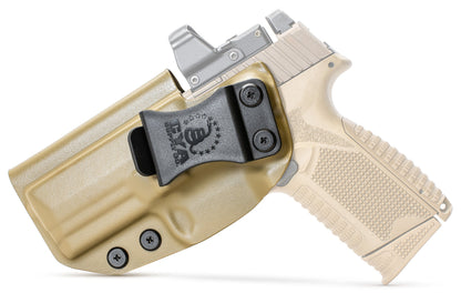 CYA flat dark earth full size base iwb holster with a black belt clip on a tan fn 509 handgun