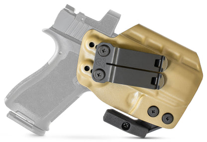 CYA flat dark earth Base IWB holster with a black belt clip on a black psa micro dagger c1 handgun