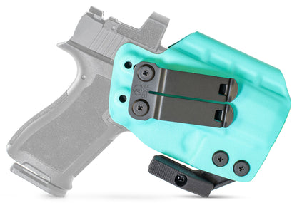 CYA teal blue Base IWB holster with a black belt clip on a black psa micro dagger c1 handgun