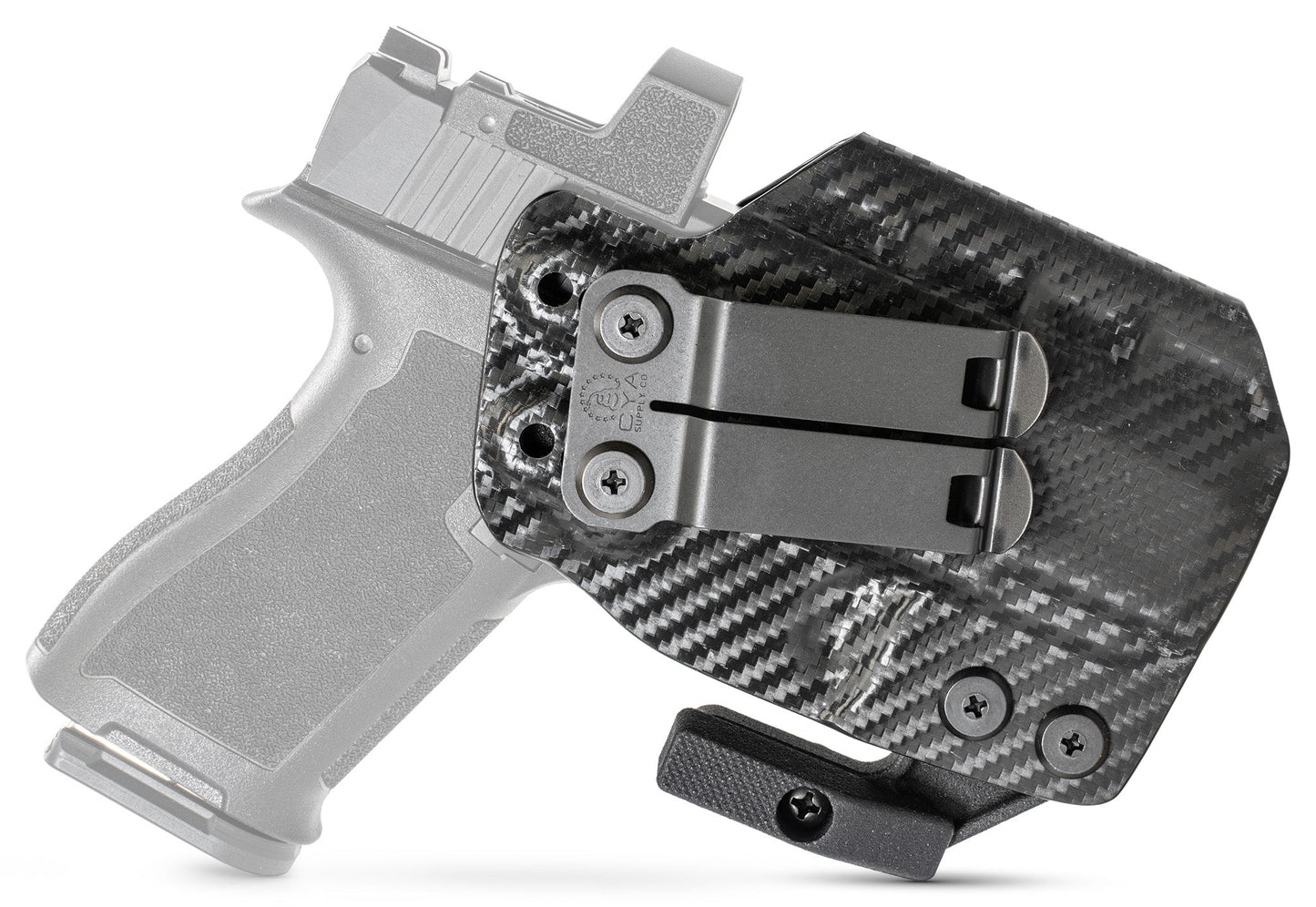 CYA carbon steel Base IWB holster with a black belt clip on a black psa micro dagger c1 handgun