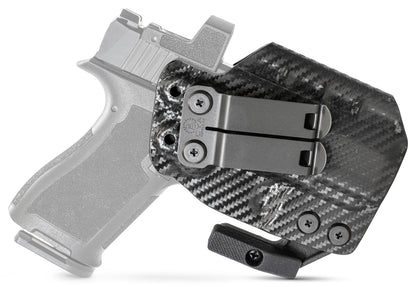 CYA carbon steel Base IWB holster with a black belt clip on a black psa micro dagger c1 handgun