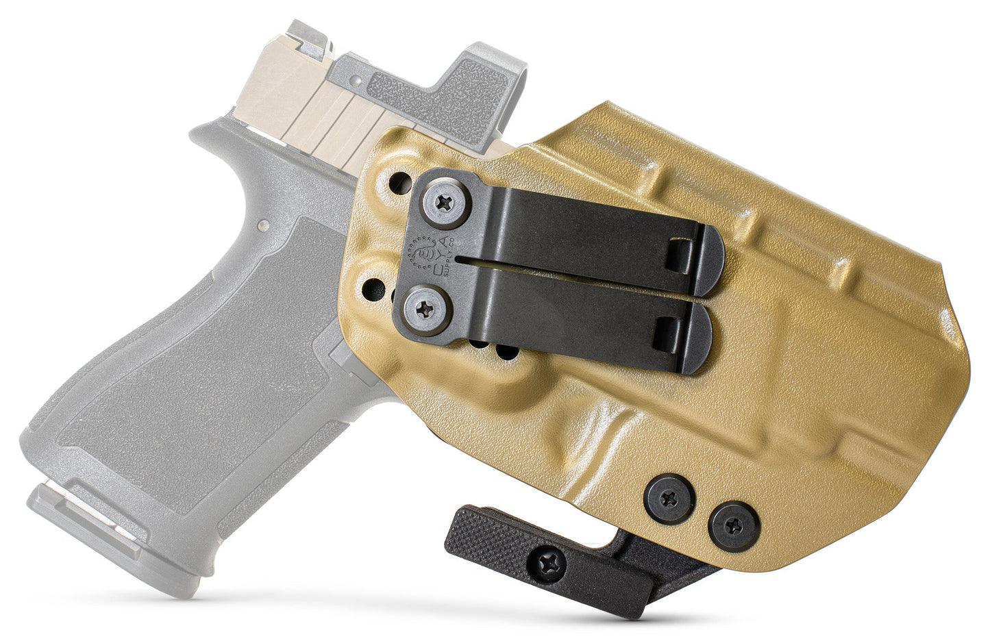 CYA flat dark earth Base IWB holster with a black belt clip on a black psa micro dagger c1 handgun