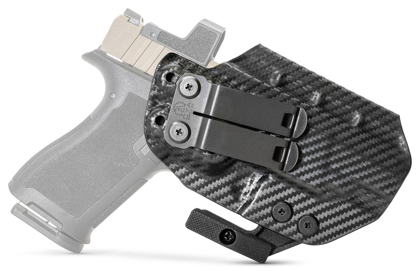CYA carbon steel Base IWB holster with a black belt clip on a black psa micro dagger c1 handgun