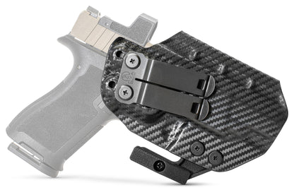 CYA carbon steel Base IWB holster with a black belt clip on a black psa micro dagger c1 handgun