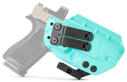 CYA teal blue Base IWB holster with a black belt clip on a black psa micro dagger c1 handgun